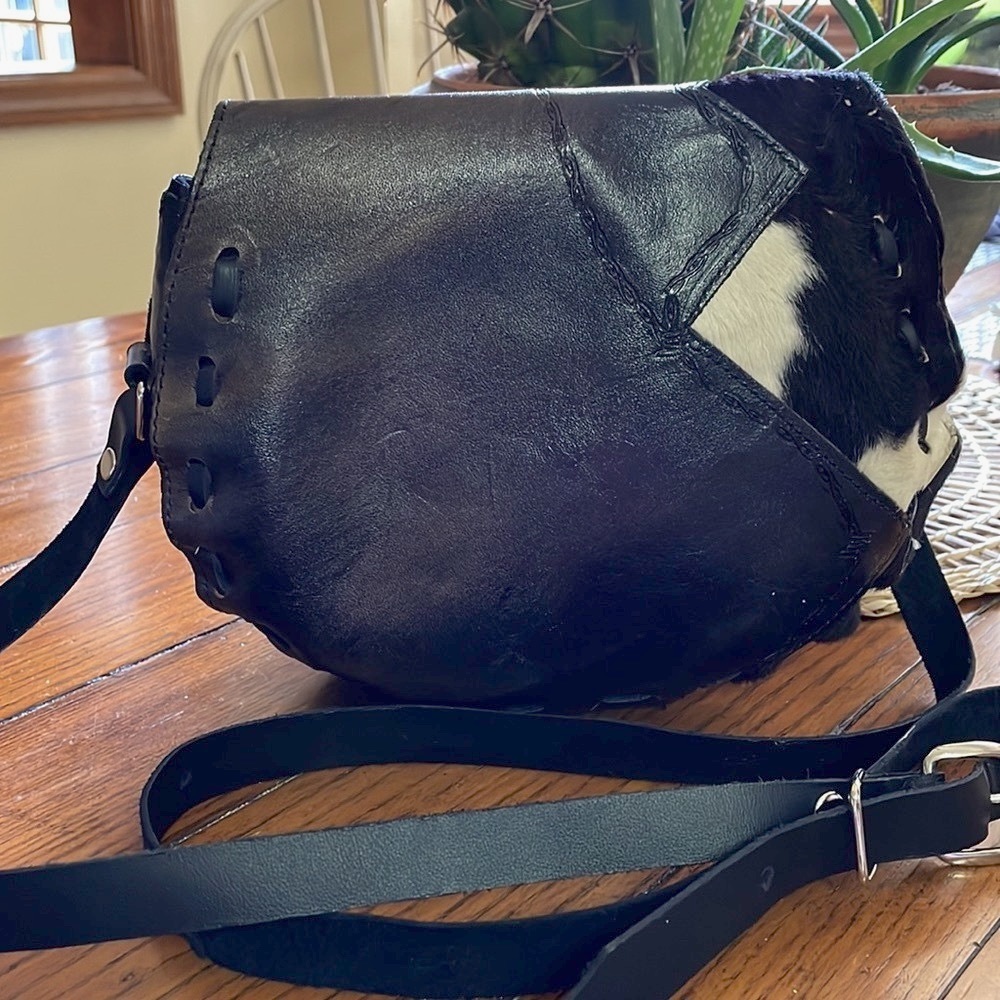 Western Leather Calf Hair Crossbody Purse Bag Black